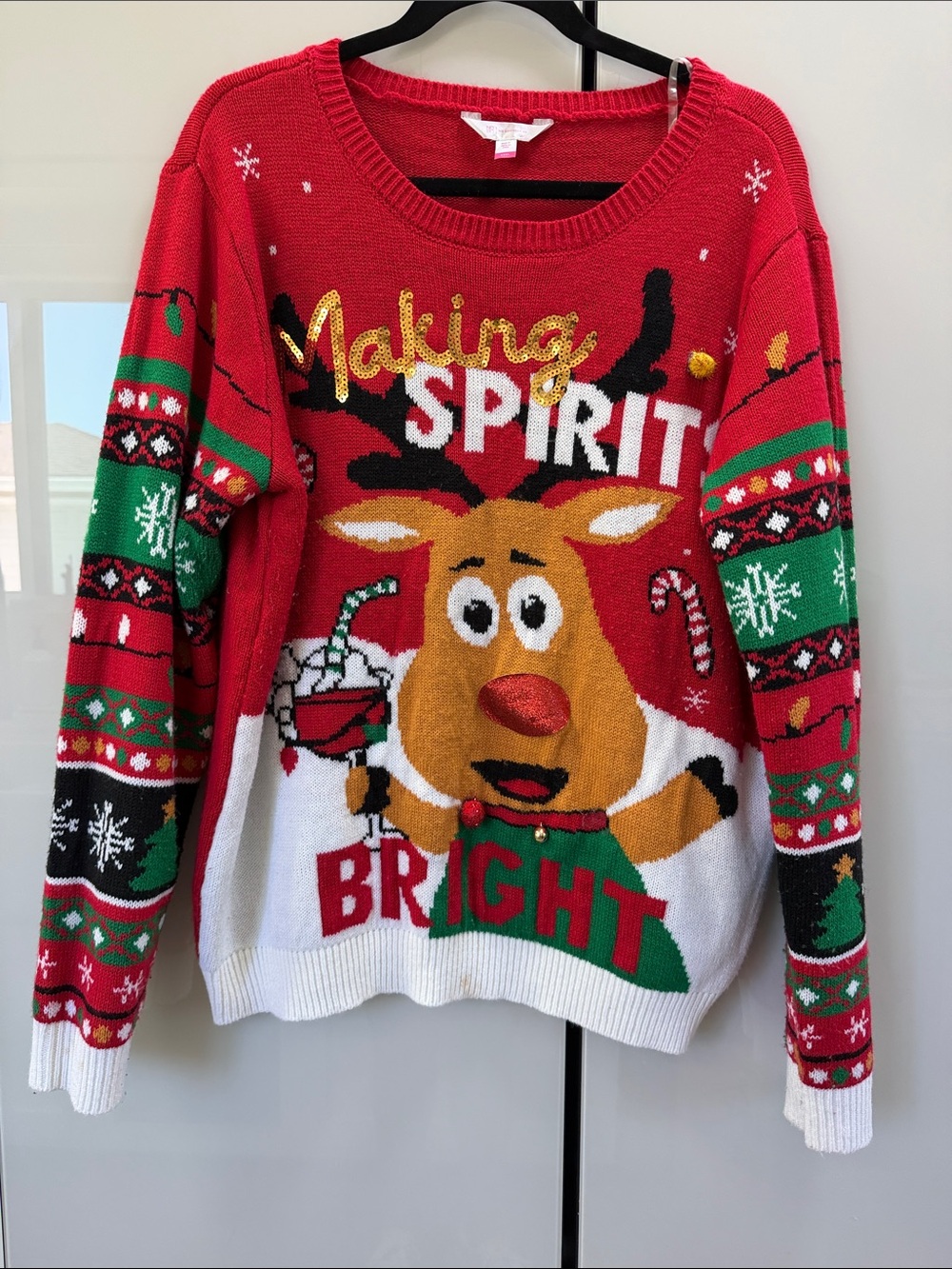 No Boundaries Red Green Reindeer 'Making Spirit Bright' Holiday Sweater